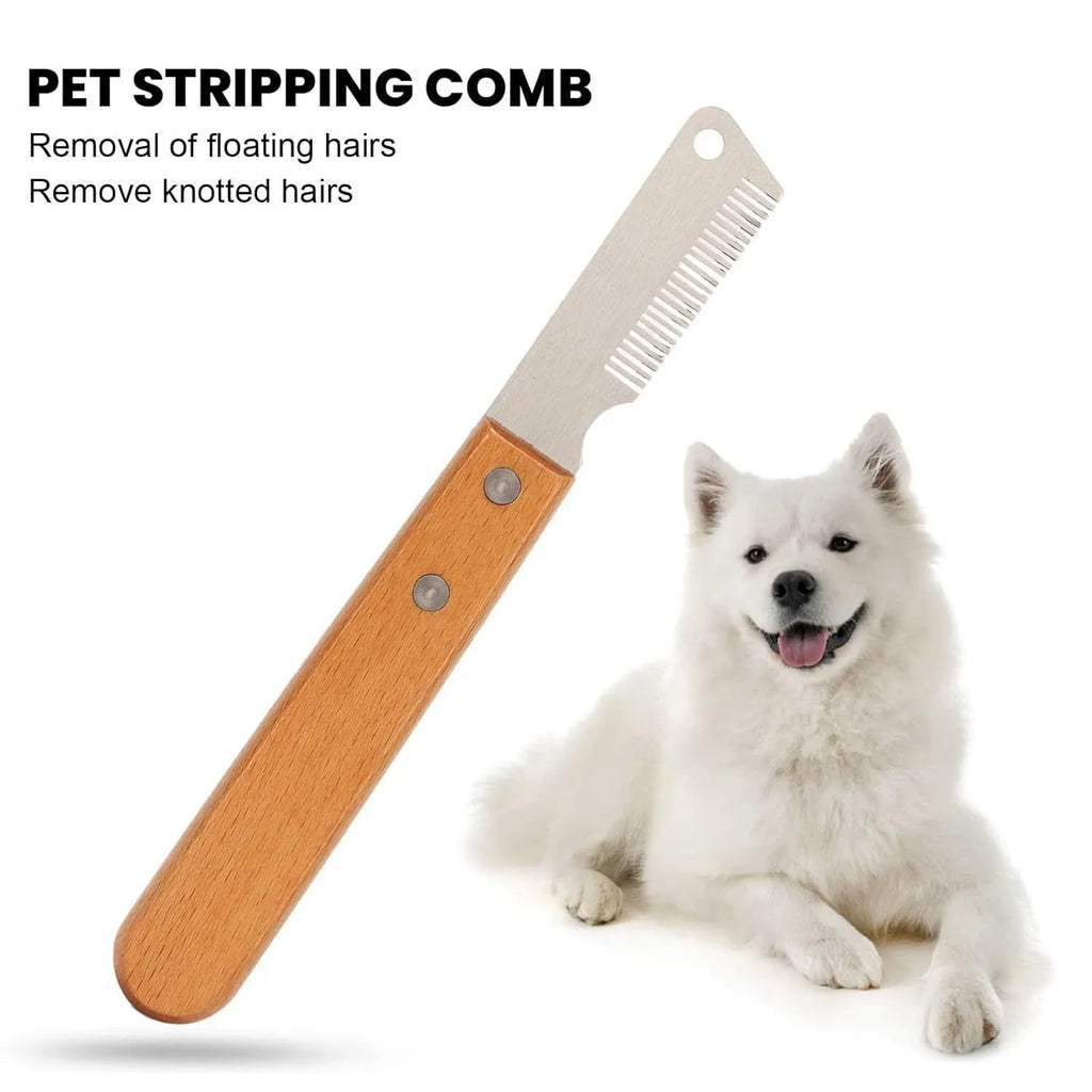 Dog stripping knife grooming tool with wood handle and metal fittings