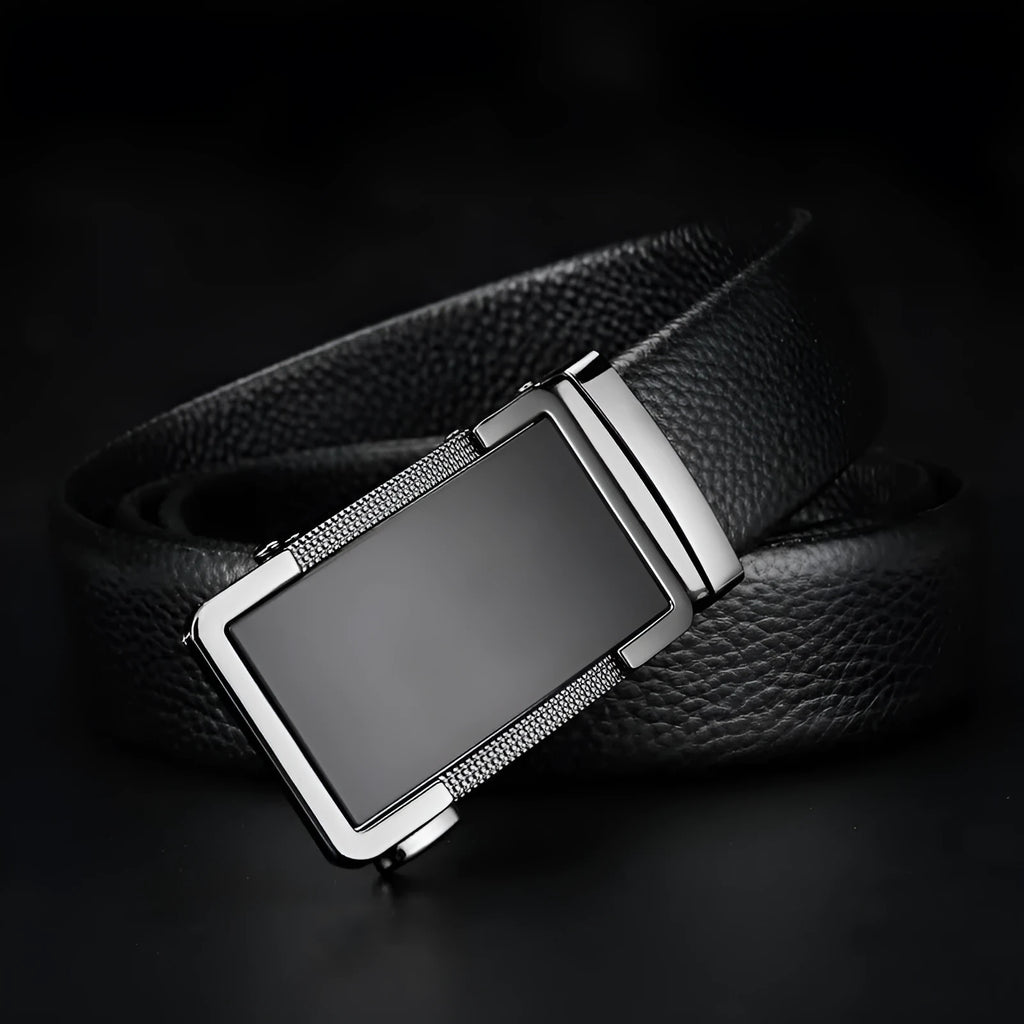 Men's leather automatic buckle belt in gun black, showing the alloy buckle and length sizing.