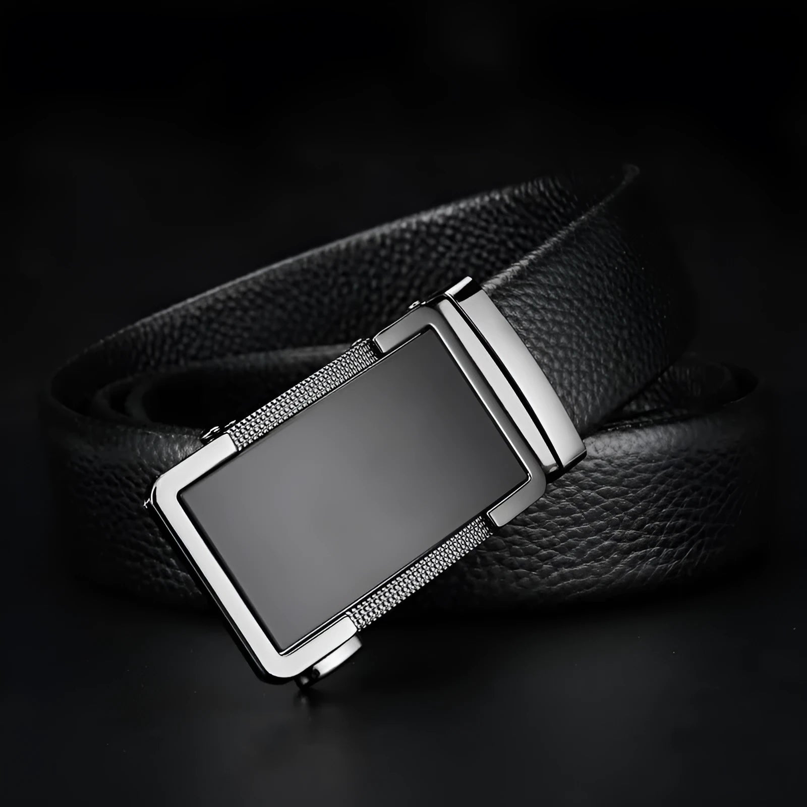 Men's leather automatic buckle belt in gun black, showing the alloy buckle and length sizing.