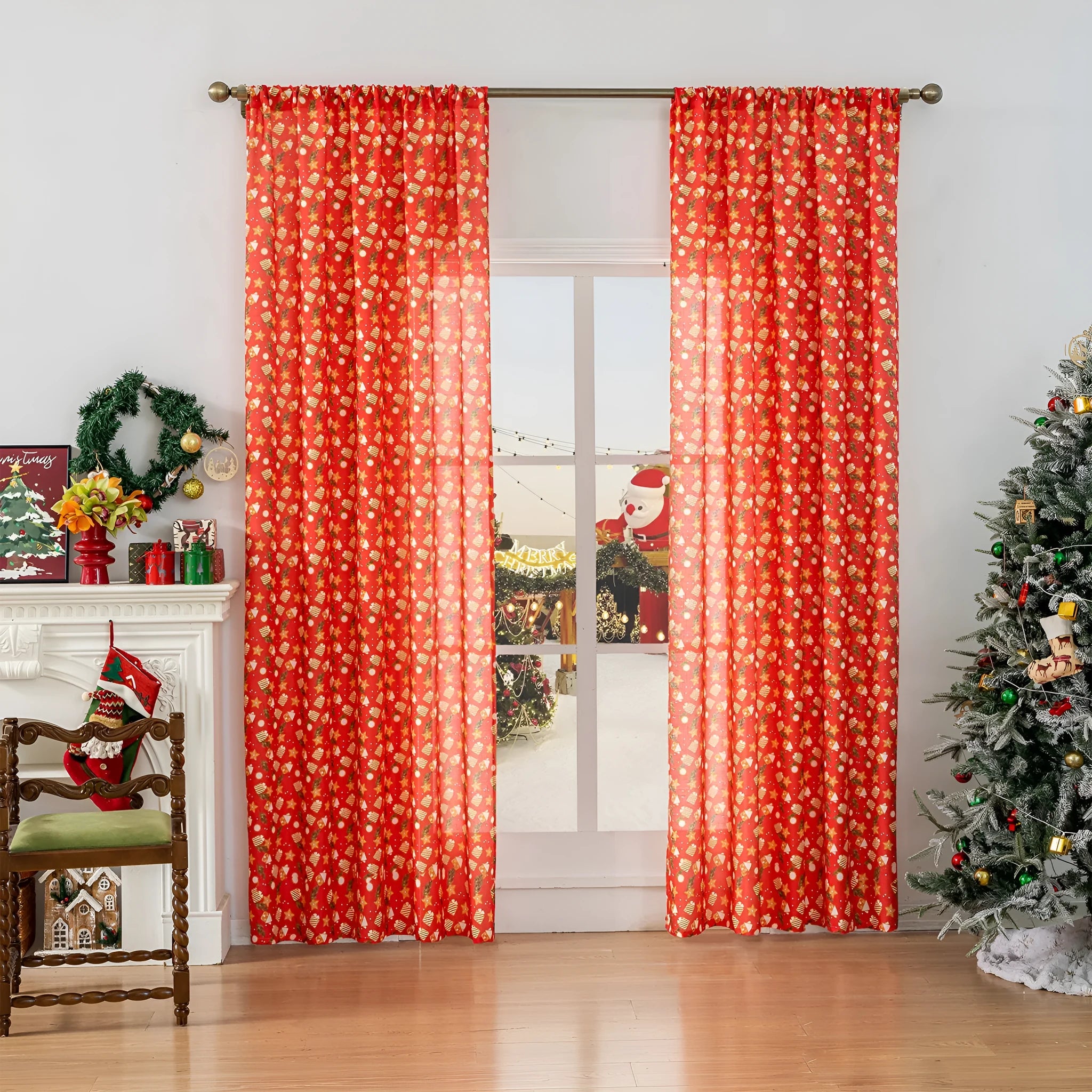 Green Christmas curtain with snowman and angel cartoon print, 1 metre wide