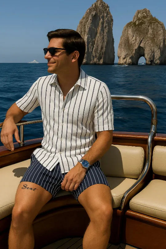 Men's light mature style beach shirt and shorts set in four-sided elastic fabric
