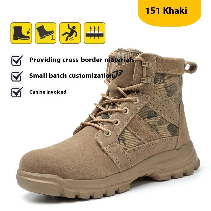 Khaki coloured high-top suede combat boots with a steel toe cap and front lace-up closure.