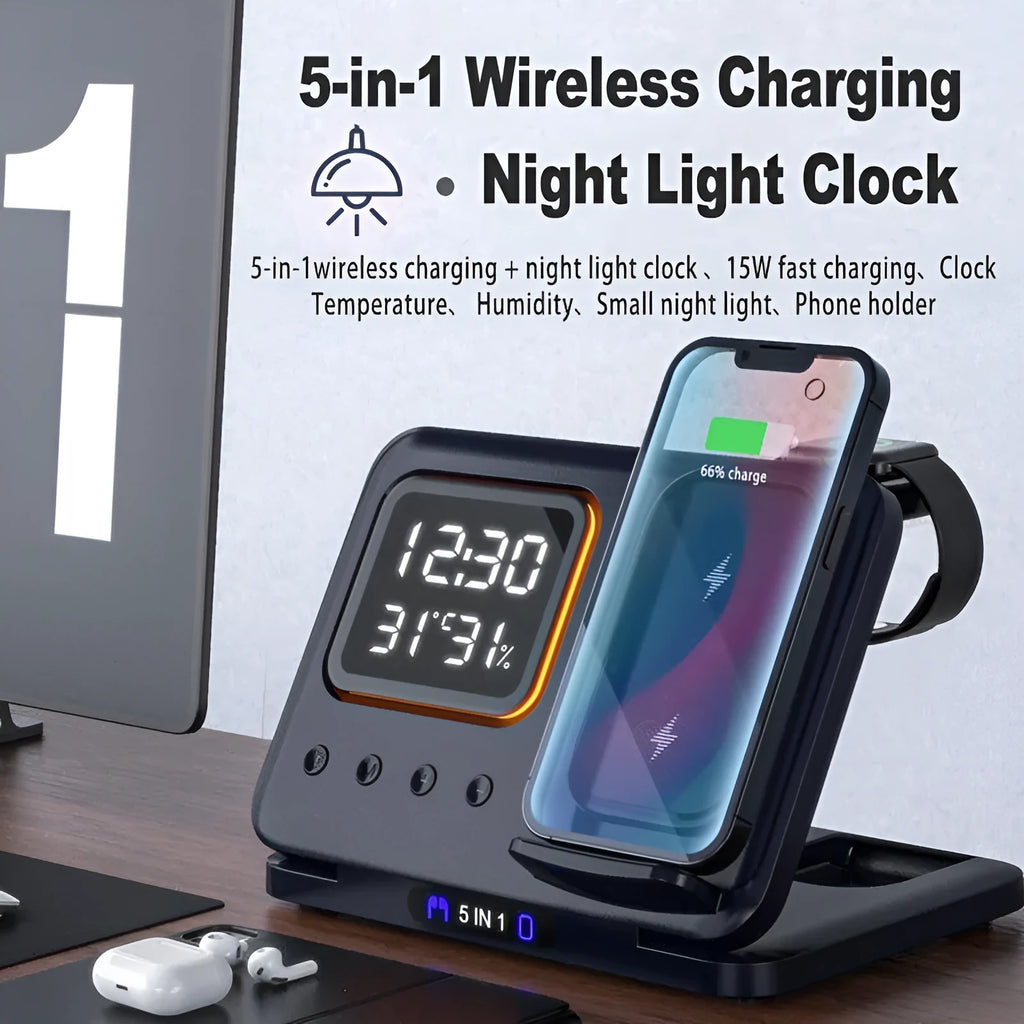 Black and white wireless charging station with phone, watch, and headphones on dock, showing LED time and temperature display.