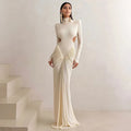 Women's backless pleated dress with high collar and long sleeves in slim fit Asian sizing