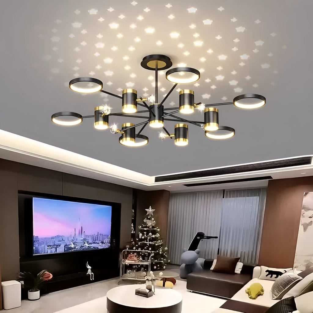 Black iron pendant chandelier with 13 LED light heads and adjustable hanging height