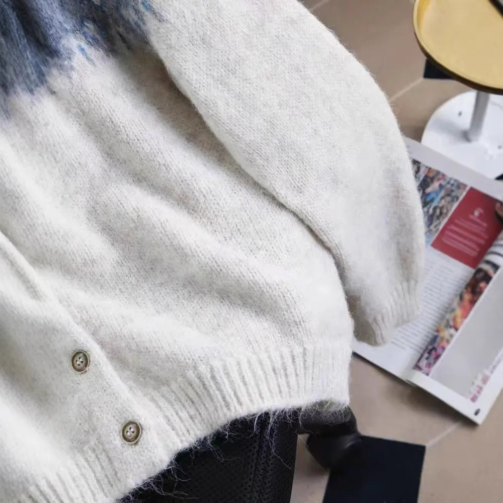 Women's jacquard knit sweater coat with colour contrast patterning in loose free size fit
