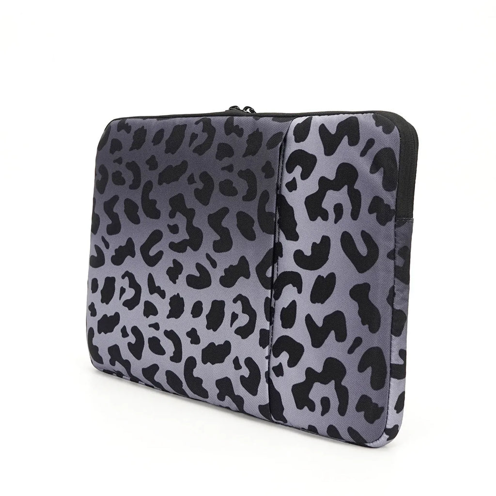 Leopard print laptop sleeve for 13-inch to 16-inch laptops with waterproof polyester construction