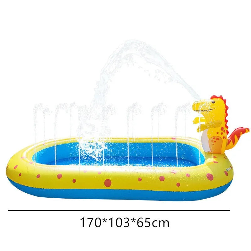 Dinosaur water spray inflatable pool with shark design play mat in blue colour