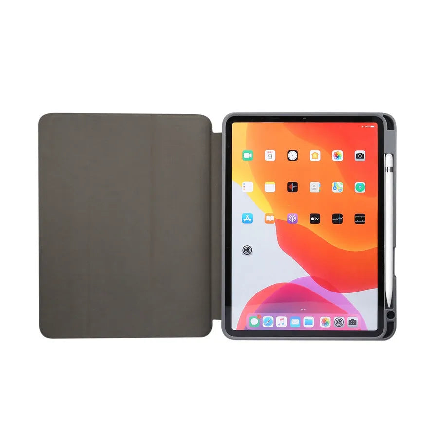 Dark gray tri-fold leather iPad case with magnetic closure and Apple Pencil slot, shown in stand mode.