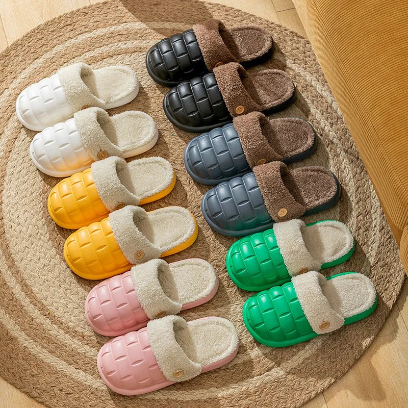 Plaid patterned detachable EVA slippers for women with plush lining and anti-skid sole.