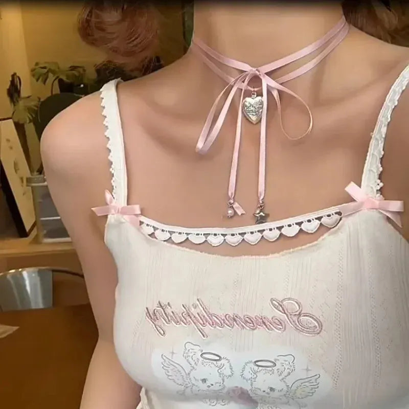 Women's alloy ribbon love pendant necklace on clavicle chain available in 33 colours