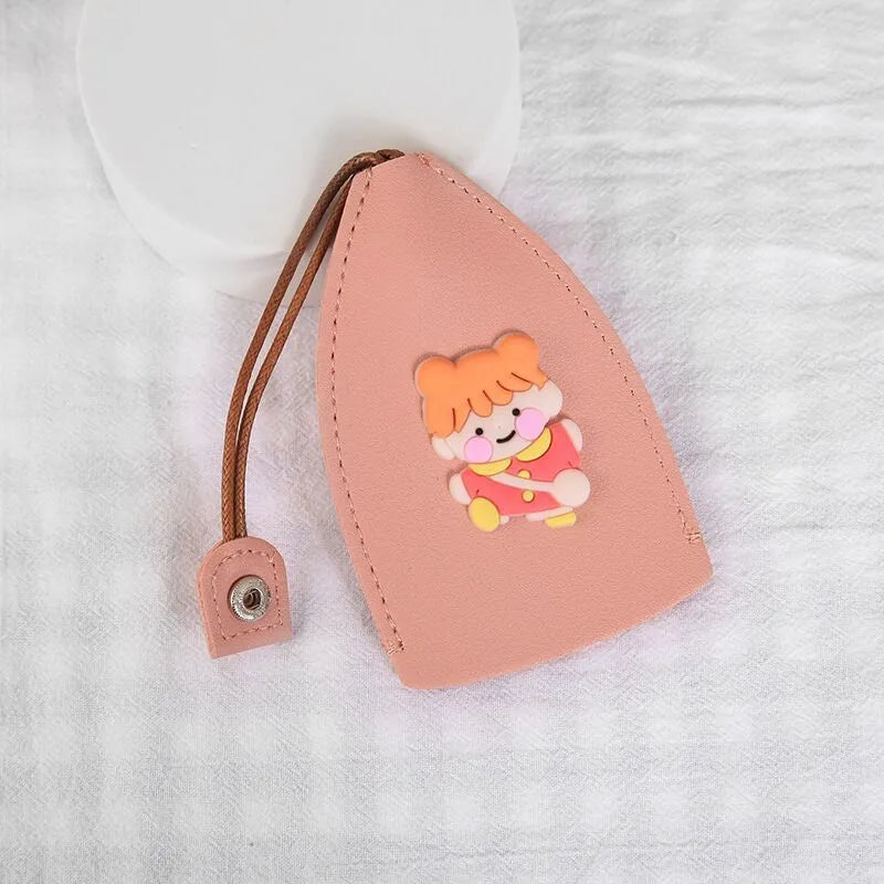 Cartoon-themed PU leather car key case with pull-out mechanism measuring 14x7.5 cm