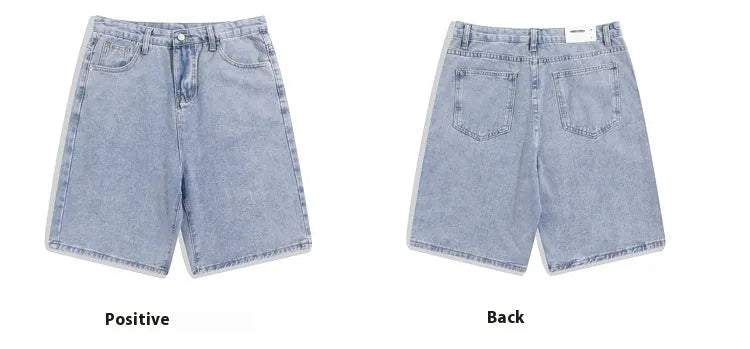 Men's light blue denim casual shorts with a straight-leg cut and mid-waist design on a hanger.