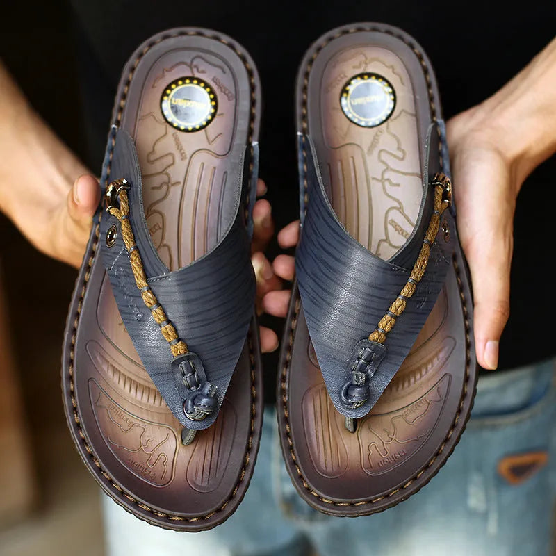 Men's plus size herringbone outdoor slippers in dark blue with rubber sole