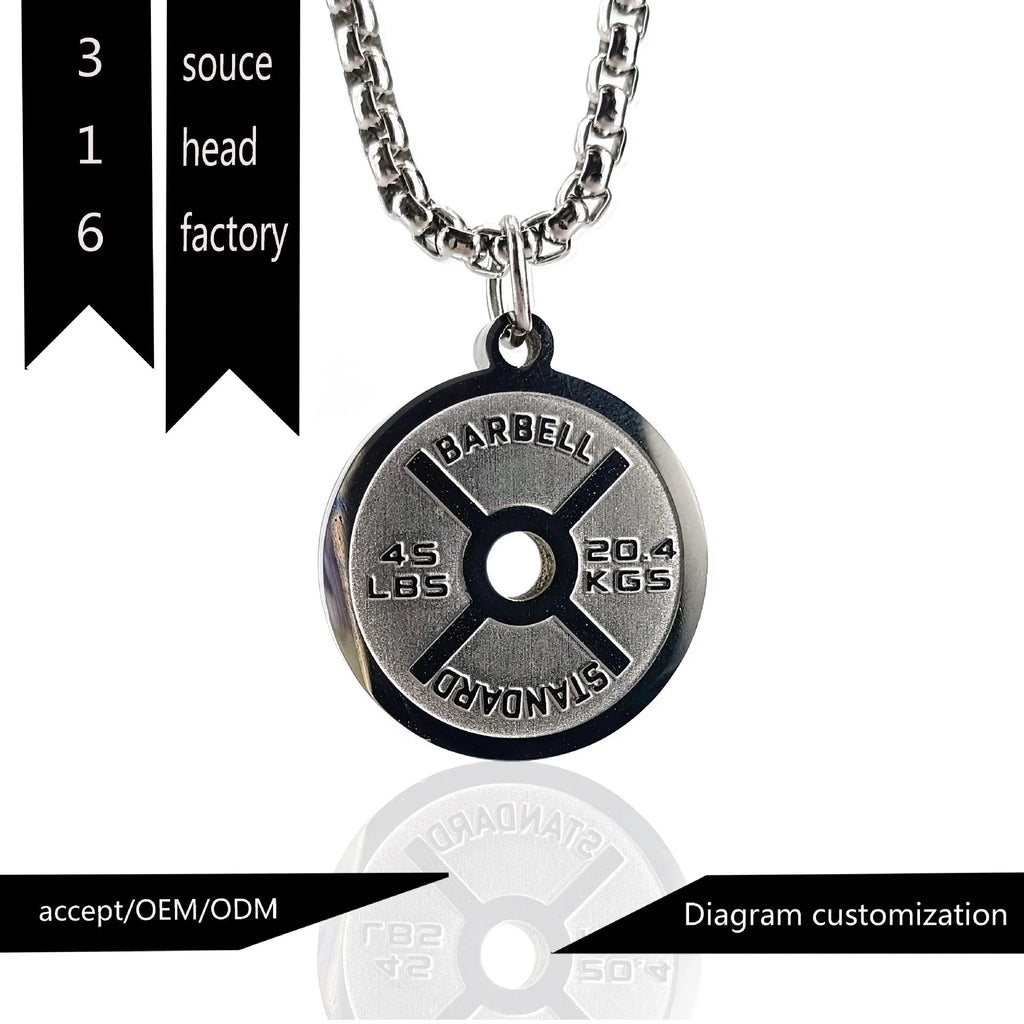 Stainless steel barbell disk geometric pendant necklace on a choice of 60cm chain.