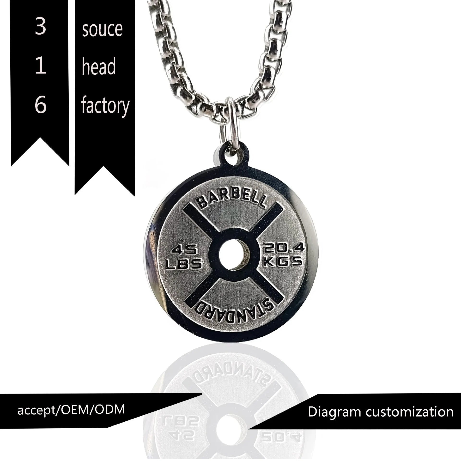 Stainless steel barbell disk geometric pendant necklace on a choice of 60cm chain.
