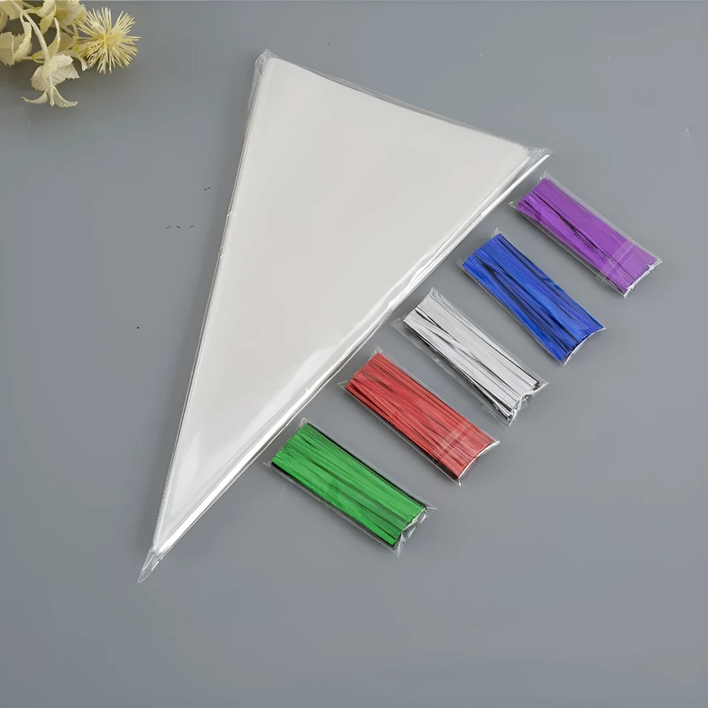 Clear triangle-shaped plastic packaging bag with a silver tie wire closure, shown in a pack of multiple bags.