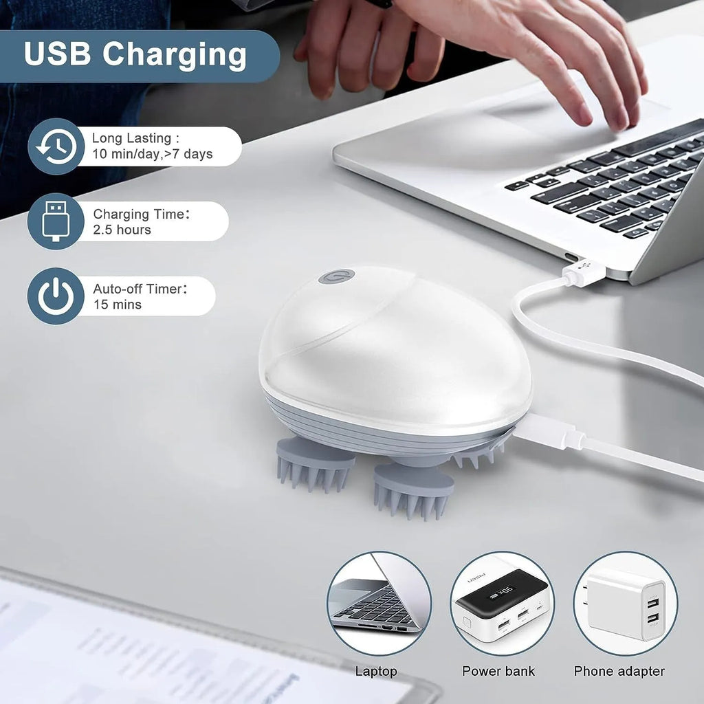 Blue handheld electric pet massager with four rotating heads for cats and dogs