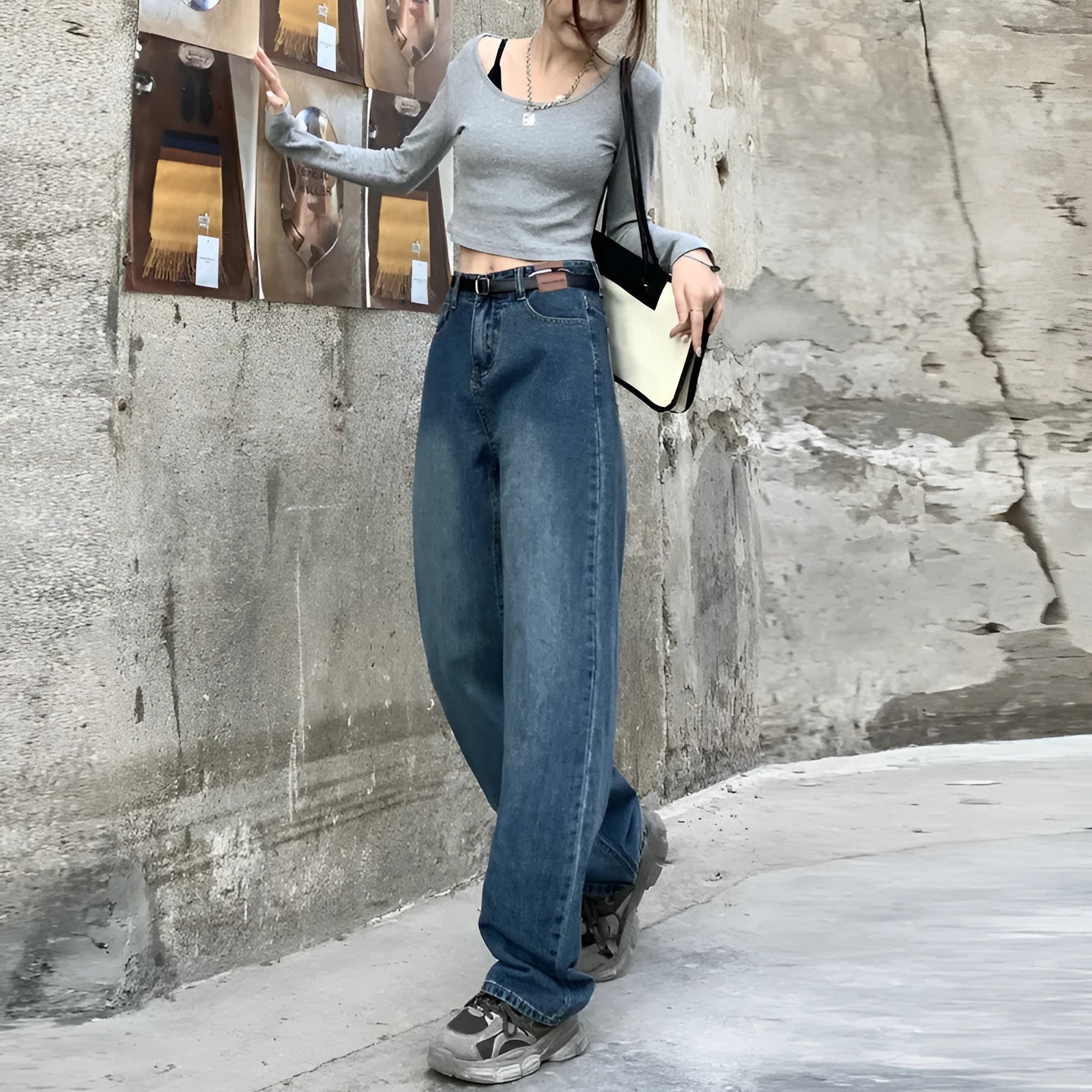 Women's retro blue high waist straight leg jeans in denim fabric