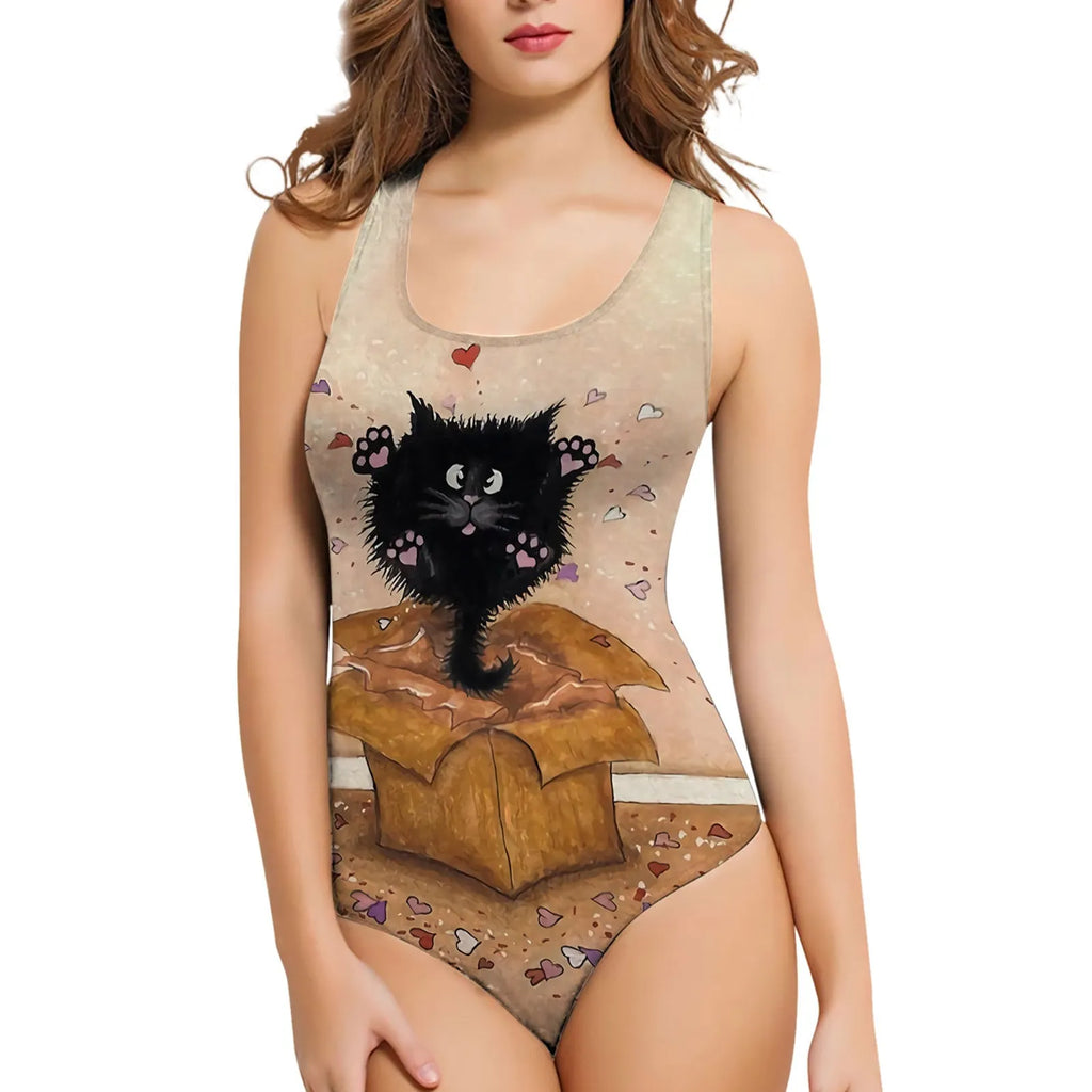 Women's 3D printed pattern one-piece swimsuit showing sunflower design on polyester fabric