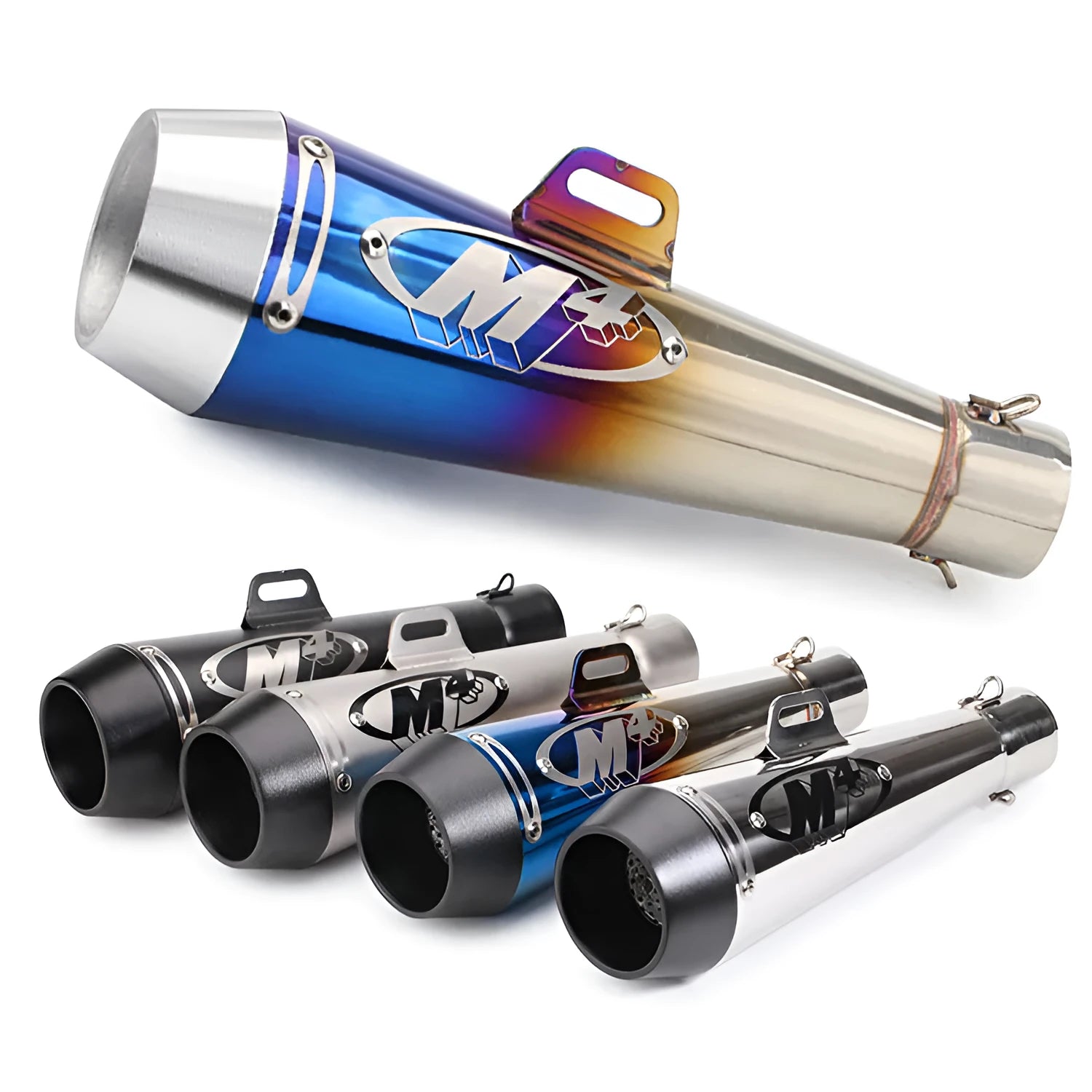 Universal M4 motorcycle exhaust pipe in black, titanium, and half blue finish variants