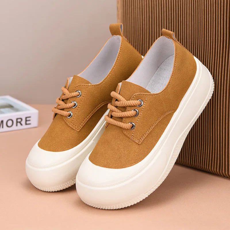Women's camel suede platform loafers with 4cm height increase and flat rubber soles