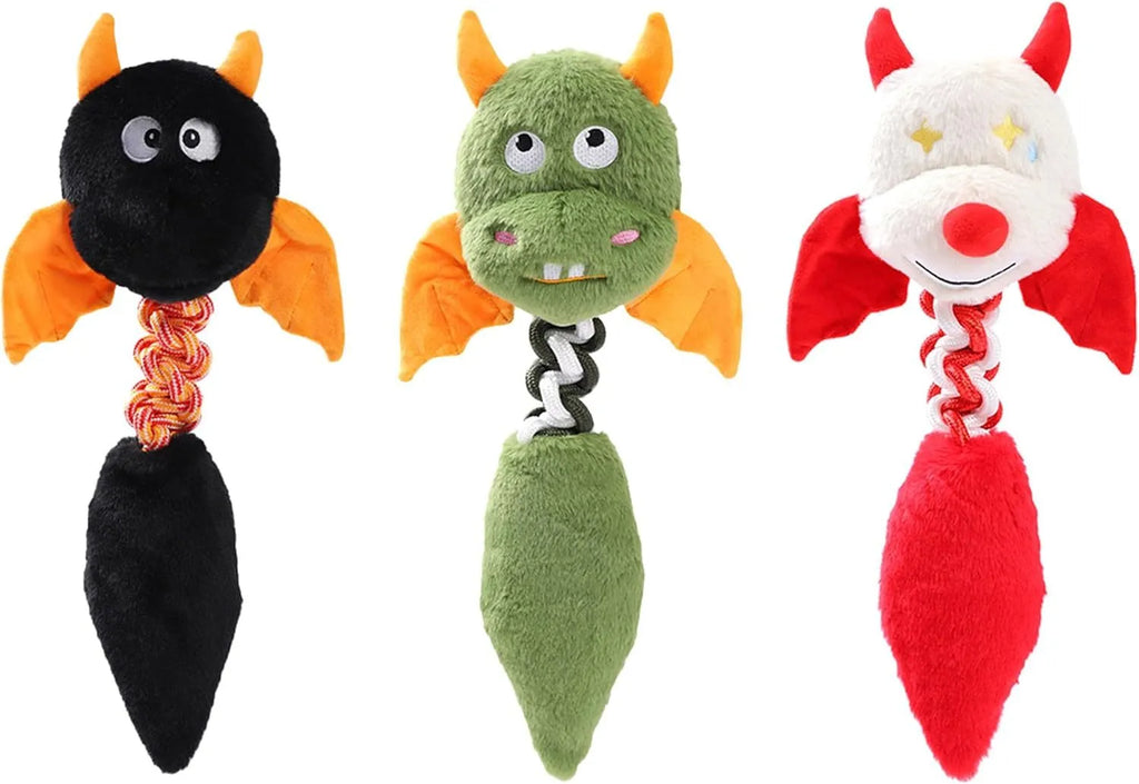 Soft rabbit fleece plush dog toy with squeaker and rope, in black, green, or red, measuring 44 cm long.