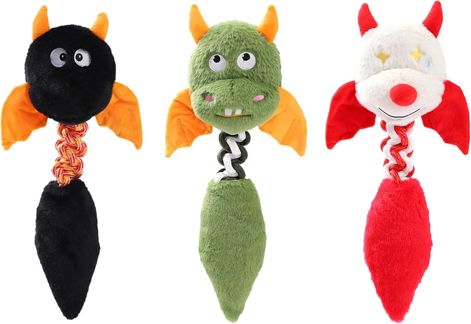 Soft rabbit fleece plush dog toy with squeaker and rope, in black, green, or red, measuring 44 cm long.