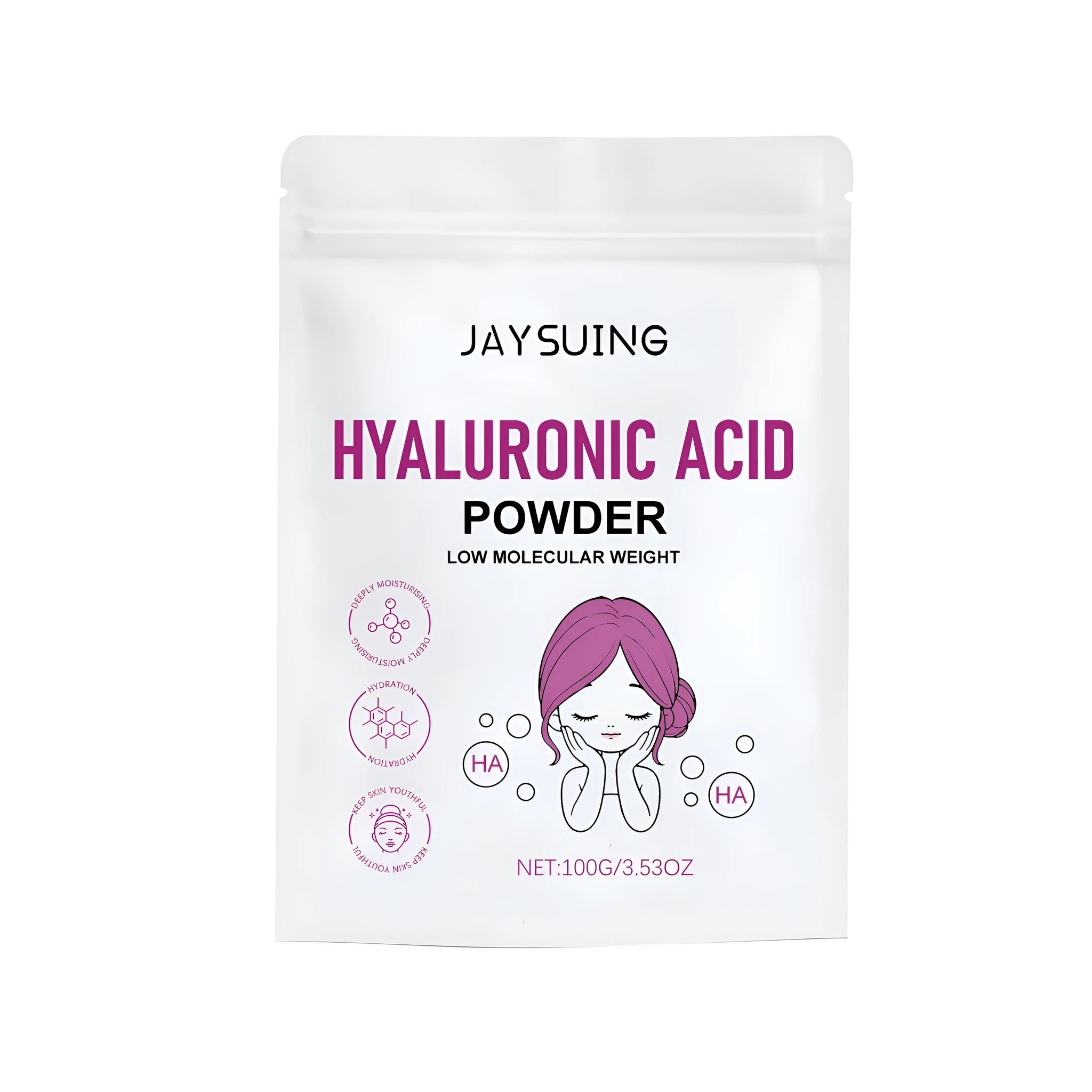 Jar of 100g Hyaluronic Acid powder face mask mix with kaolin and calcium sulfate.
