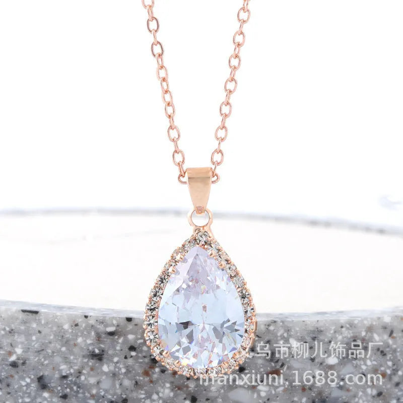 Rose gold pink drop shape alloy necklace with rhinestone and geometry elements