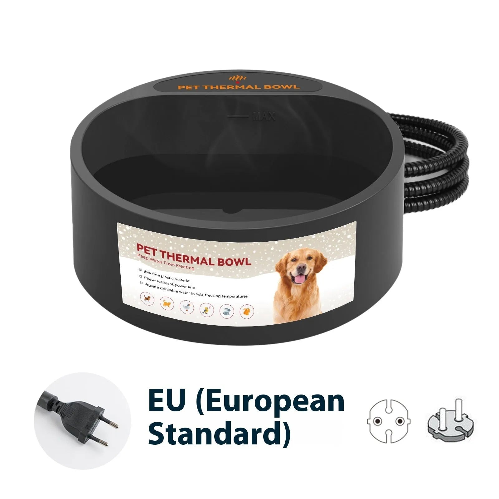 Black ABS plastic electric pet heating bowl with 2.2L capacity for cats and dogs.