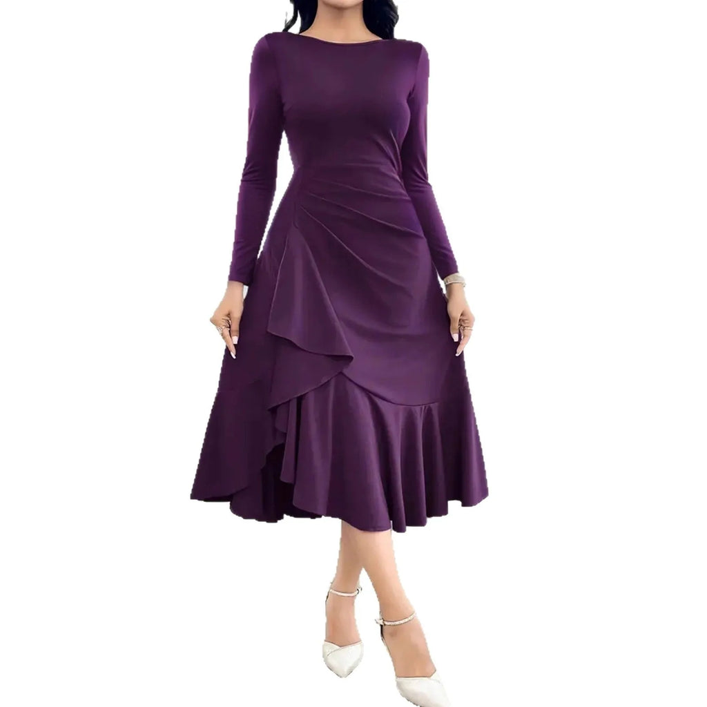 Purple women's long sleeve dress with ruffles and a round neck, shown on a mid-waist silhouette.