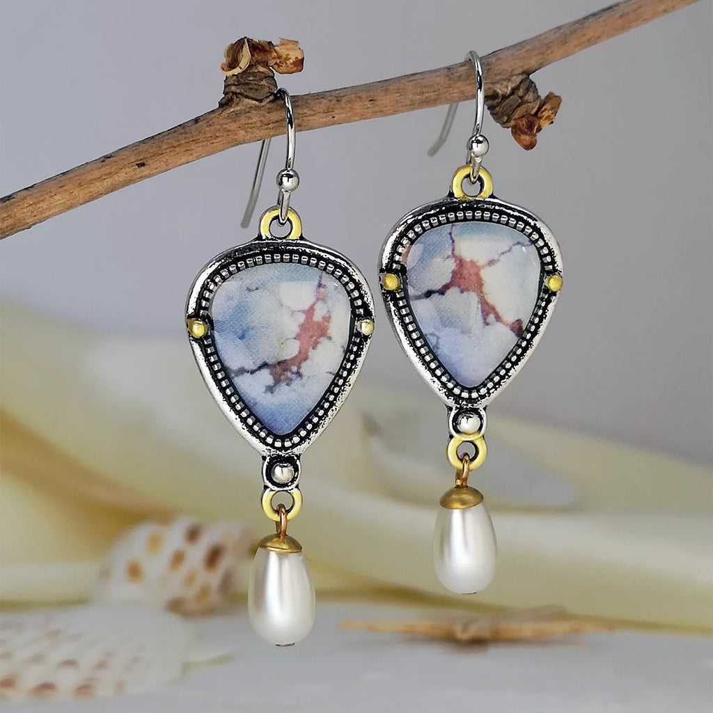 Retro blue geometric drop earrings with synthetic blue opal and white pearl accents