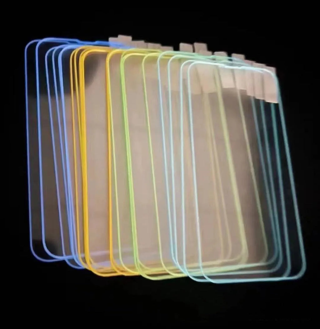 Fluorescent tempered glass screen protector for iPhone in luminous pink, yellow, green, blue and grass green colours