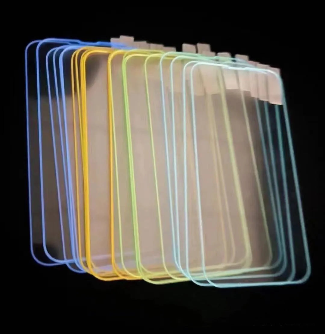 Fluorescent tempered glass screen protector for iPhone in luminous pink, yellow, green, blue and grass green colours
