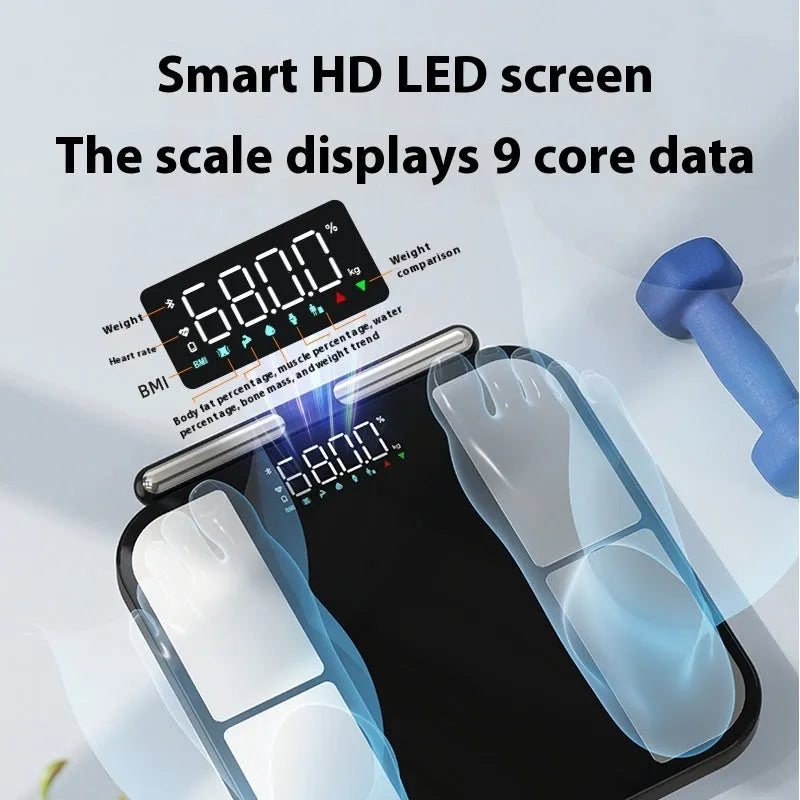 Black electronic body analysis scale with a tempered glass platform on a bathroom floor.