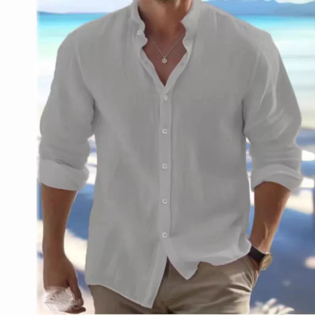 Men's casual button-up summer shirt in long-staple cotton, shown in a light colour on a model.
