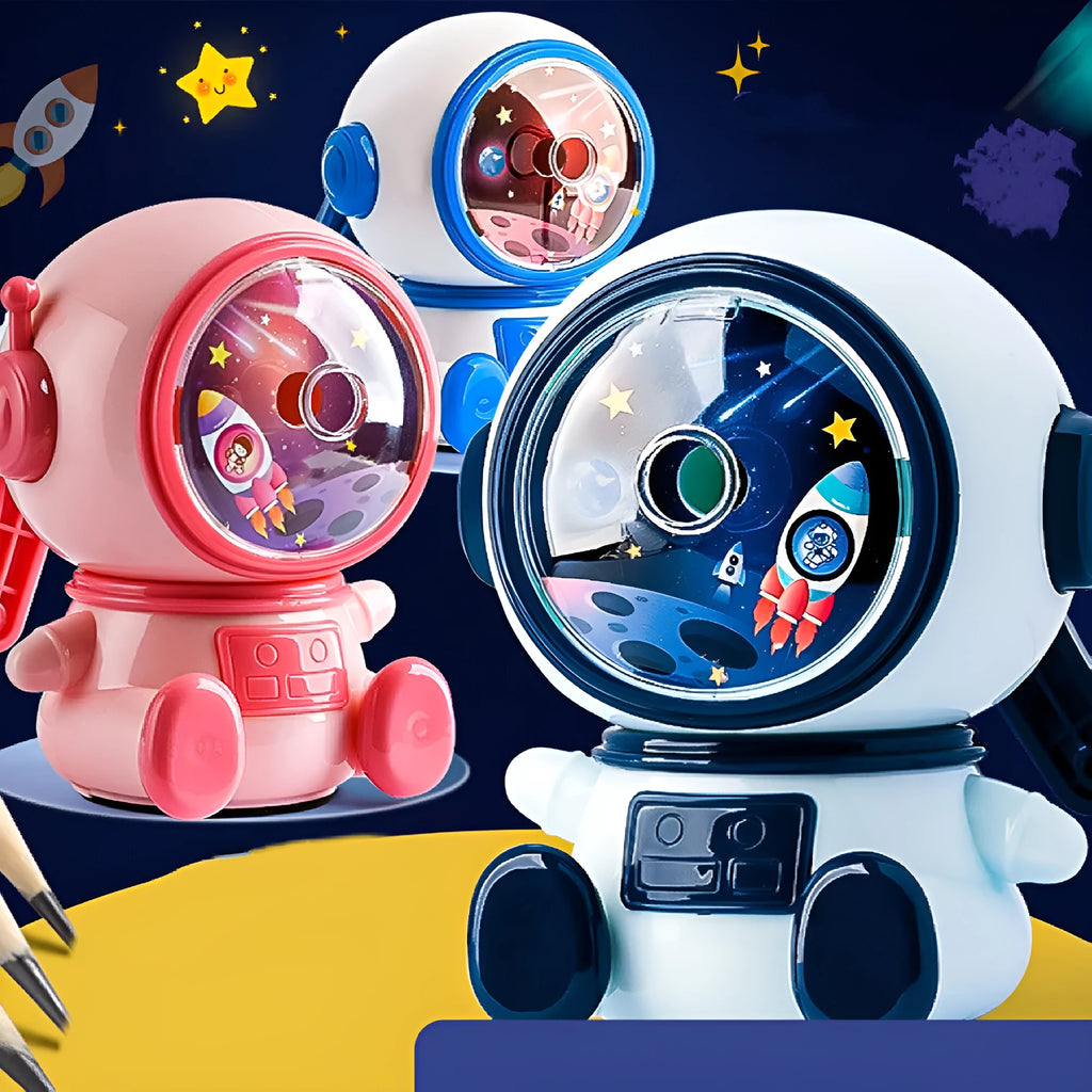 Children's cartoon astronaut themed manual pencil sharpener in blue or pink with adjustable sharpening levels
