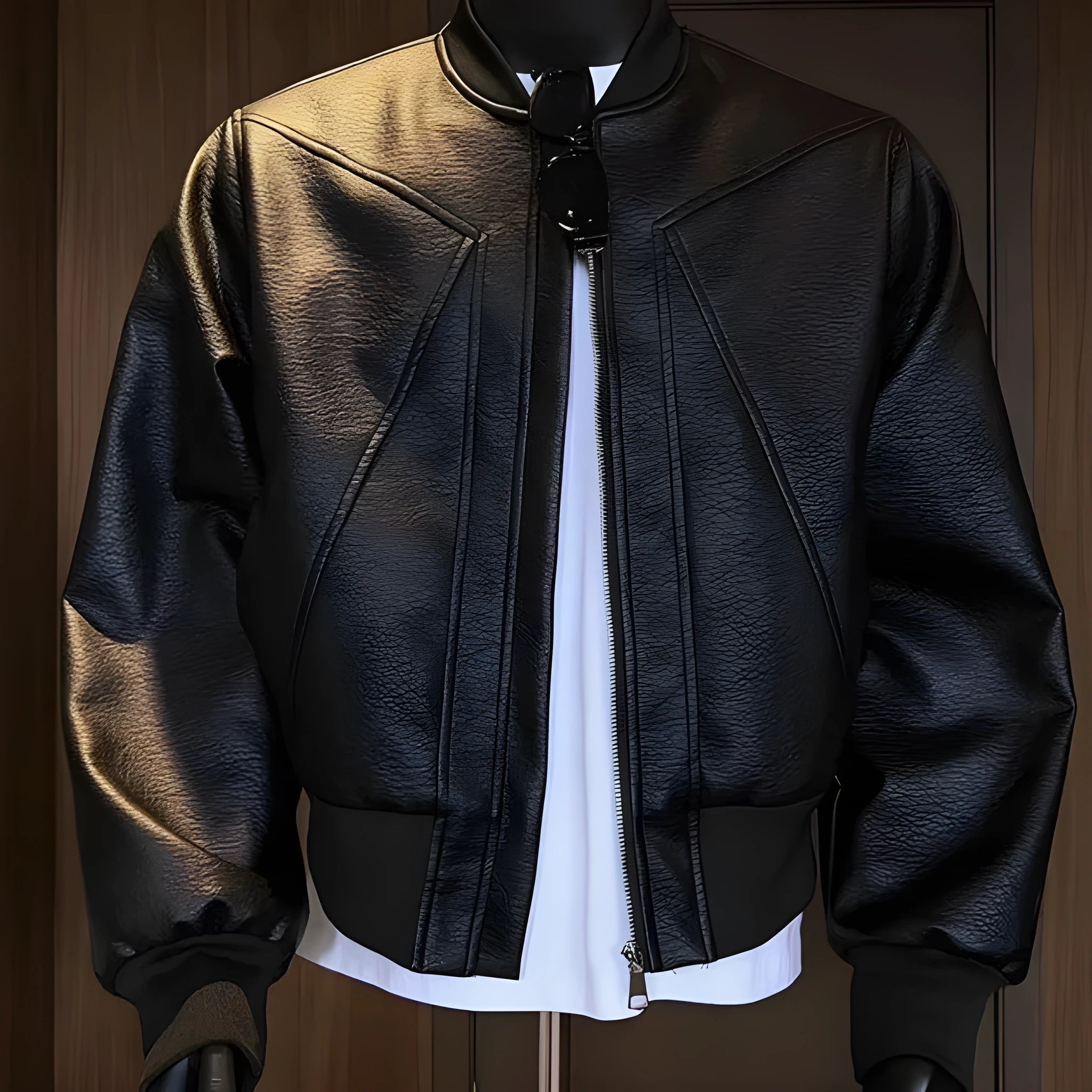 Men's black PU leather jacket with extended length and slim fit design shown from front