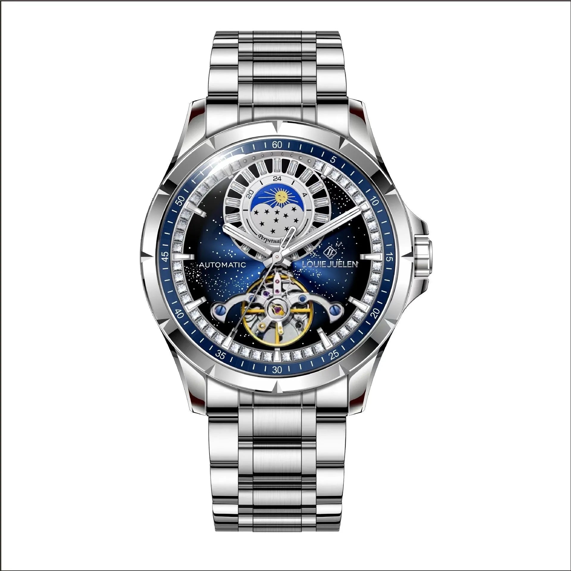 Men's silver automatic mechanical watch with blue dial, stainless steel strap, and transparent case back showing movement