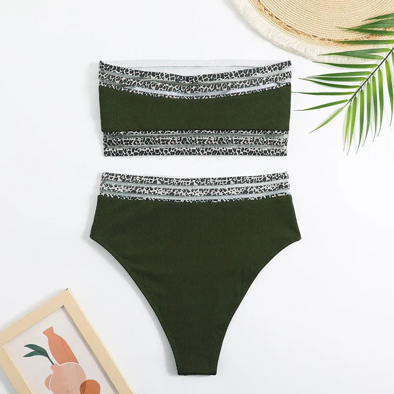 Black leopard print strapless women's bikini set with matching bra and shorts