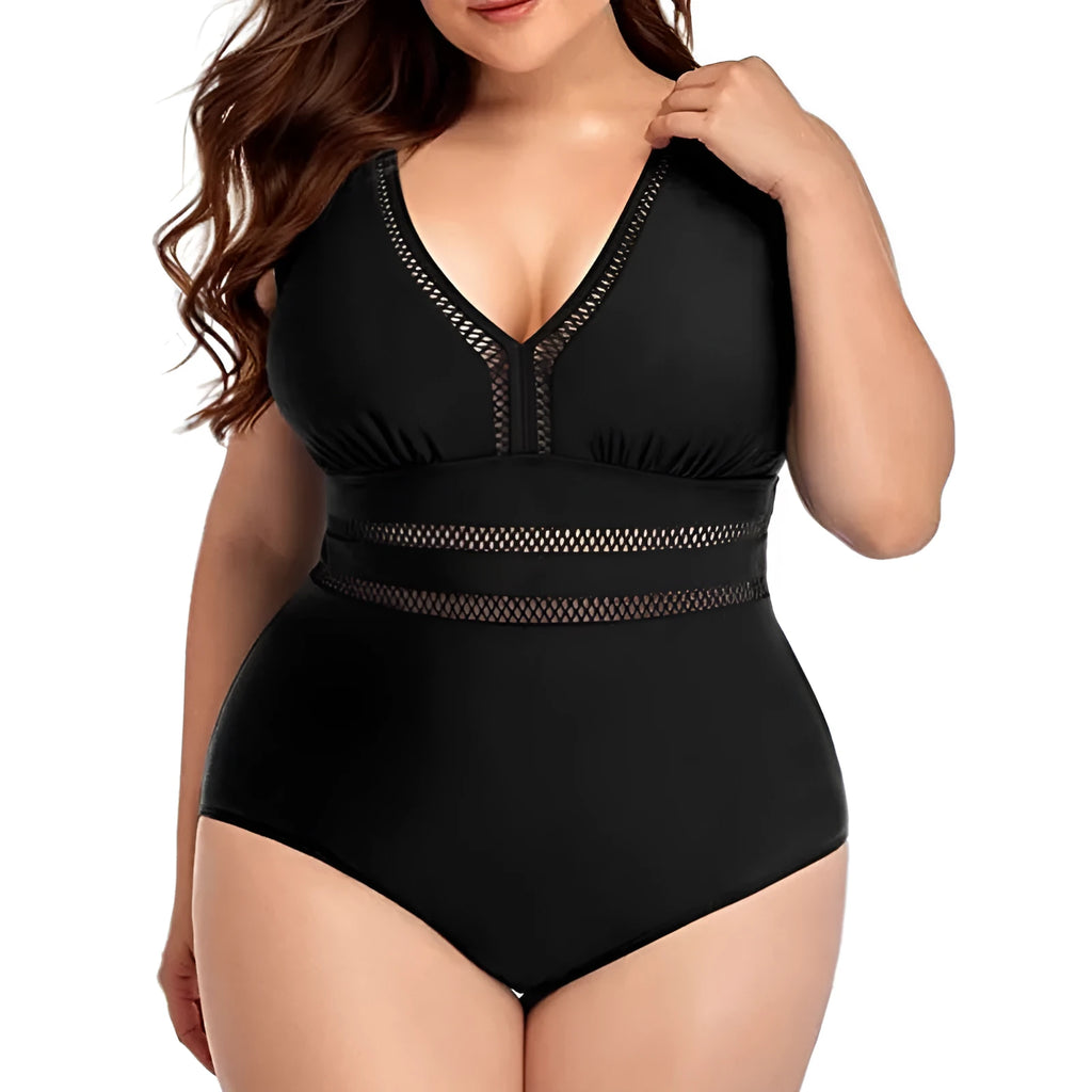 Women's plus size black printed mesh bikini swimsuit showing sleeveless design