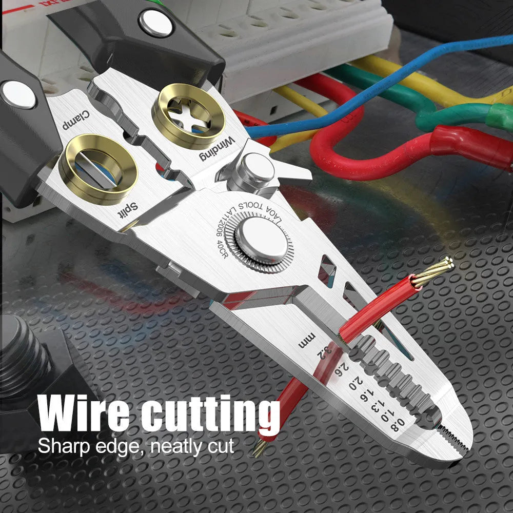 Stainless steel wire stripper tool with seven stripping holes and two-colour ABS handles.