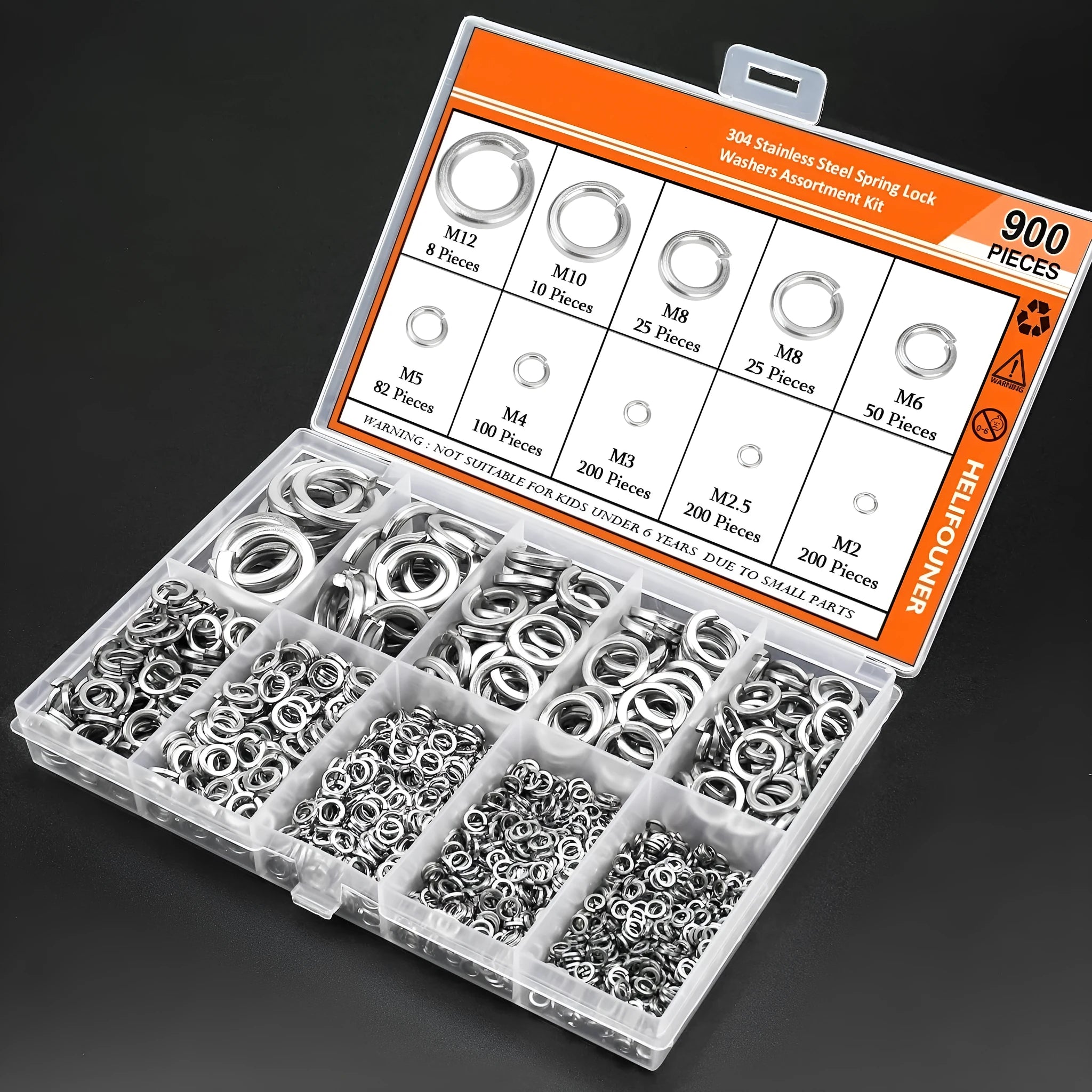 304 stainless steel spring lock washer combination box containing 900 pieces with sizes from 2mm to 12mm inner diameter
