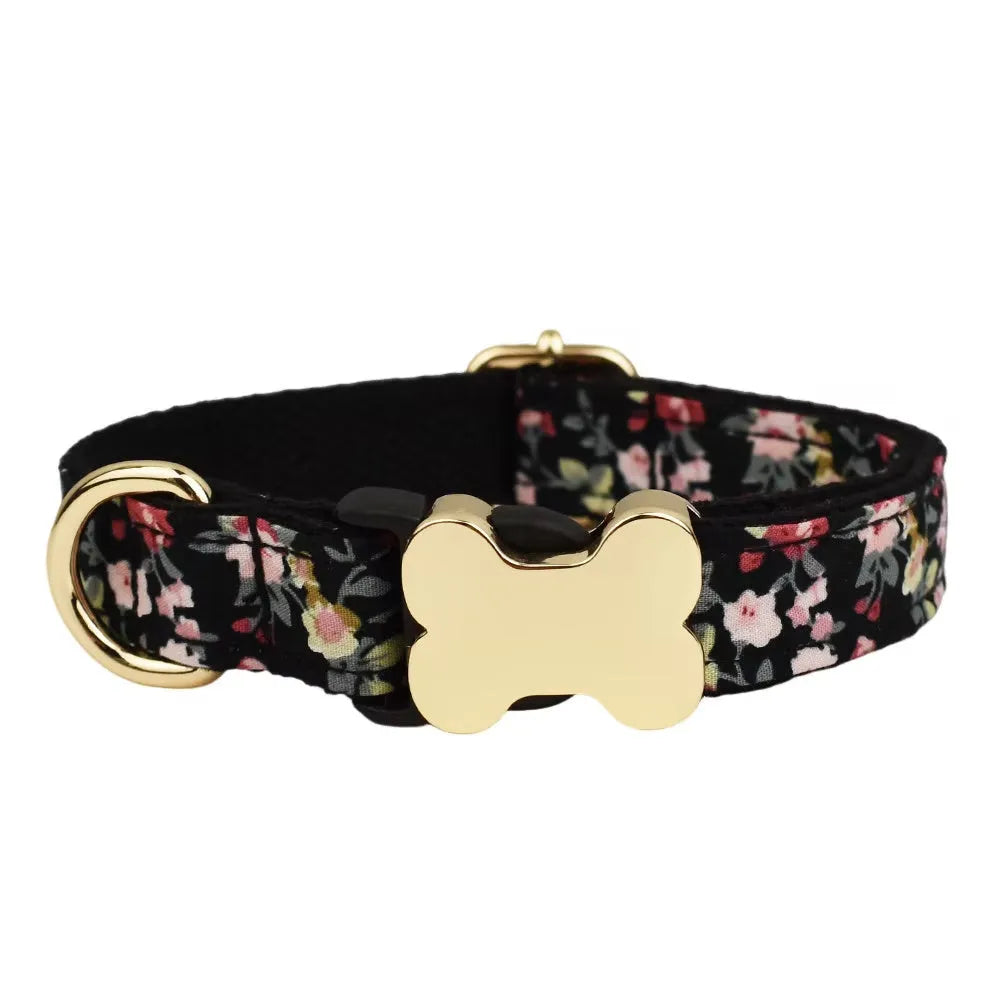 Flat nylon dog collar with bone buckle and printed grid design in multiple colour options.