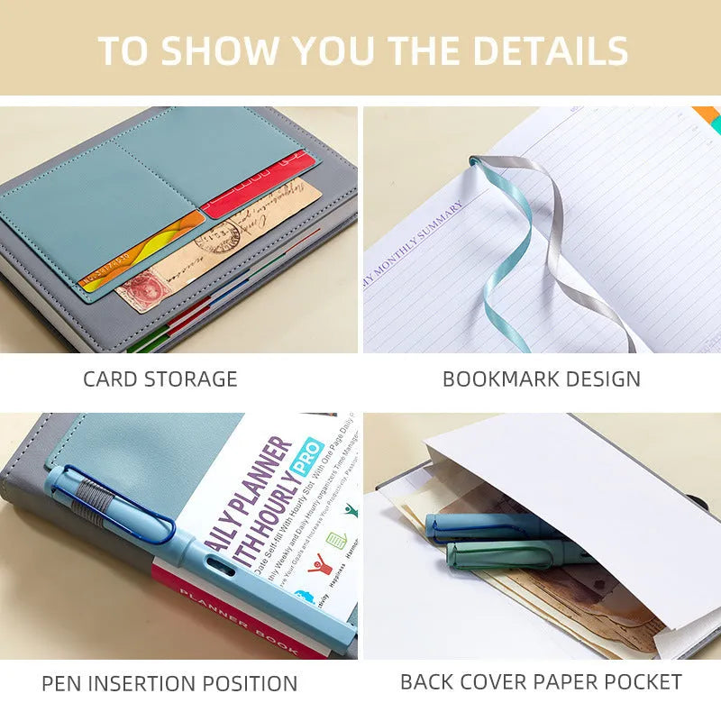 Creative trend notebook with PU cover, open to show undated strap and wood-free paper, with colour options displayed.