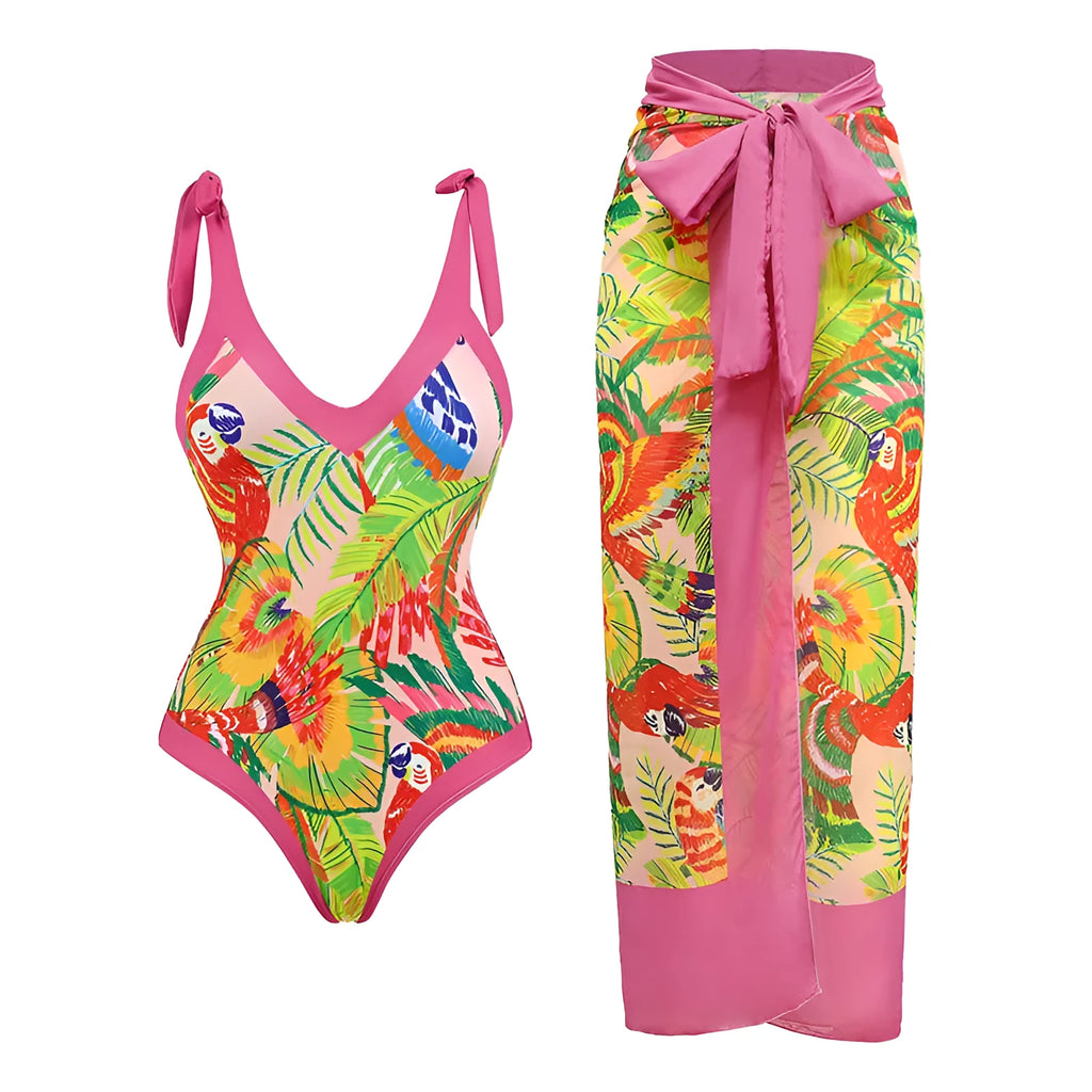 Women's solid colour spaghetti strap one-piece swimsuit with a matching skirt
