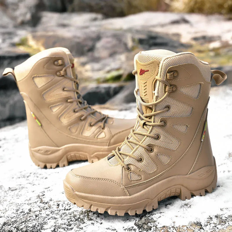Cowhide leather hi-top hiking shoes for outdoor activities in black brown beige colours