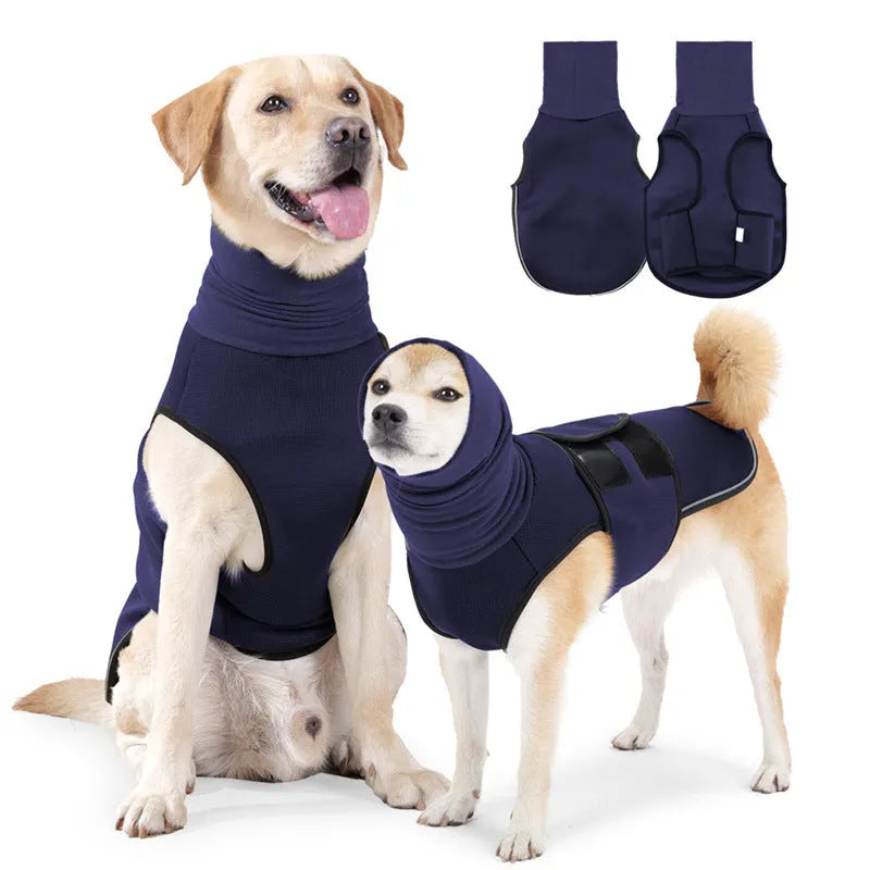 Army green and dark blue polyester dog anxiety jacket in sizes XS to XXXL for stress relief