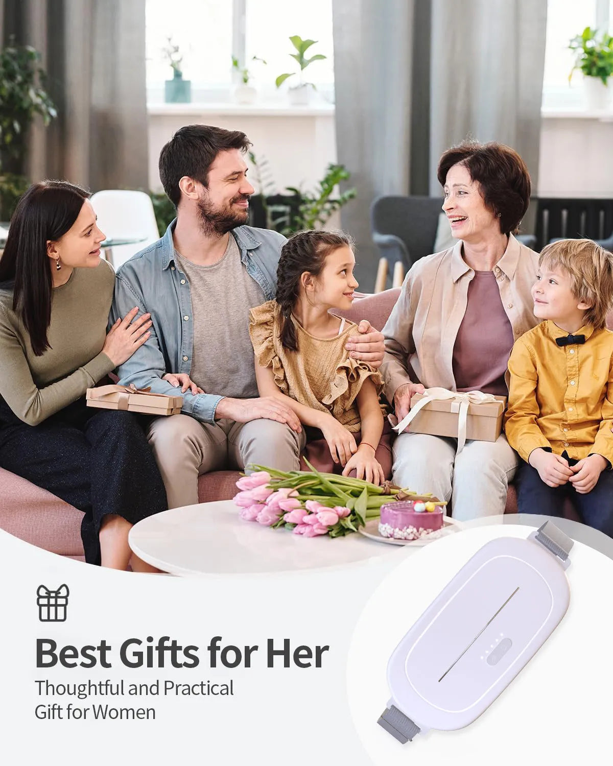 White contoured uterine warming device with USB cable on a neutral background